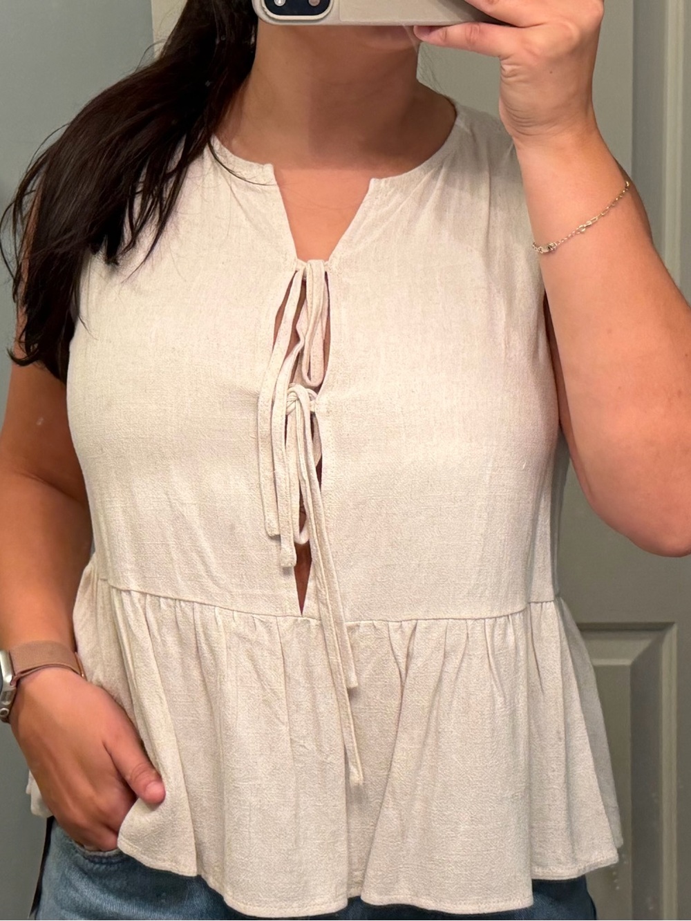 Sleeveless Oat Colored Tie-Front Top